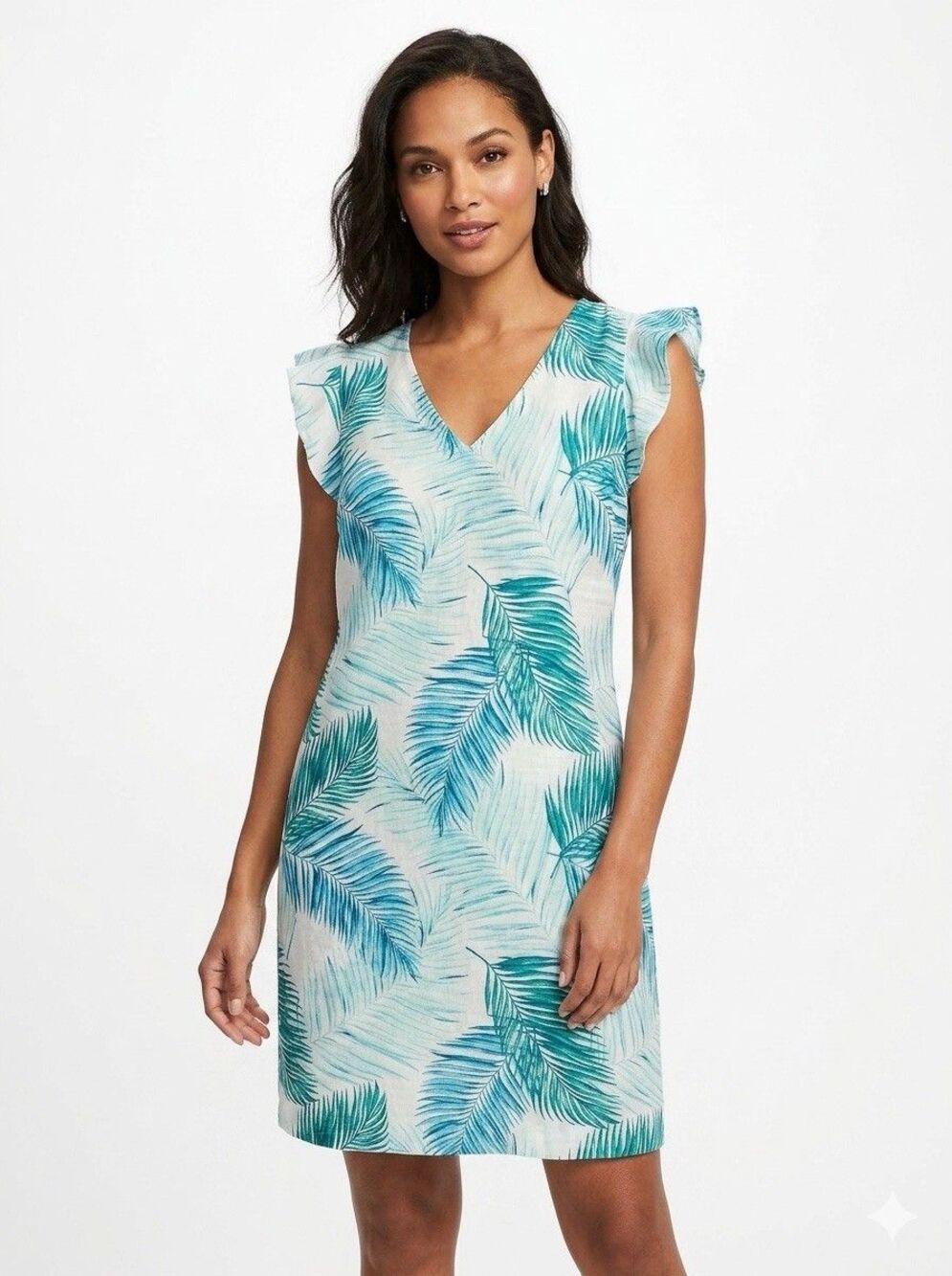 Tahari Linen Dress Womens Medium Blue Green Tropical Palm Leaf Ruffle Sleeve